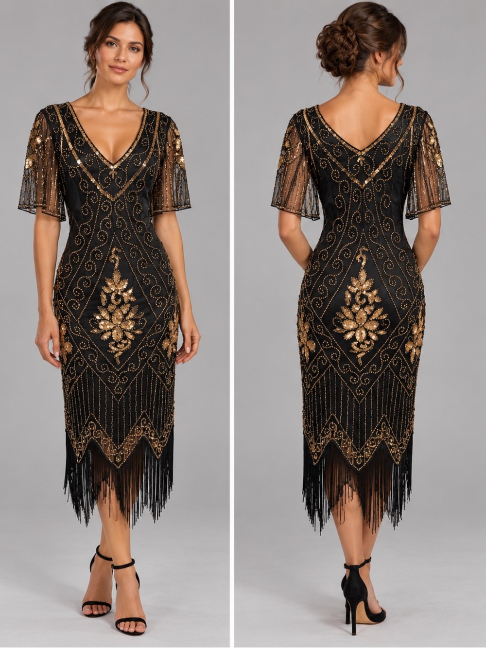 Babeyond Black Gold Sequin Beaded 1920s Gatsby Flapper Fringe Dress XL 14